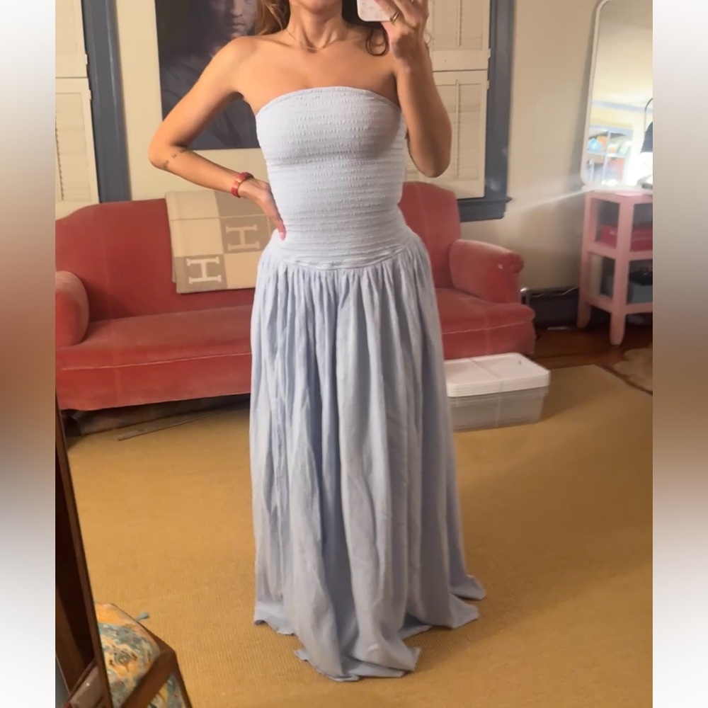 NWT Meshki ‘Maureen’ powder blue cotton shirring strapless maxi dress - Picture 13 of 16